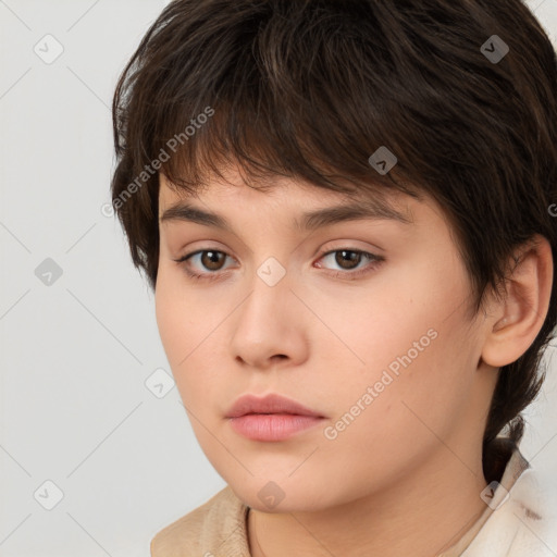 Neutral white young-adult female with short  brown hair and brown eyes