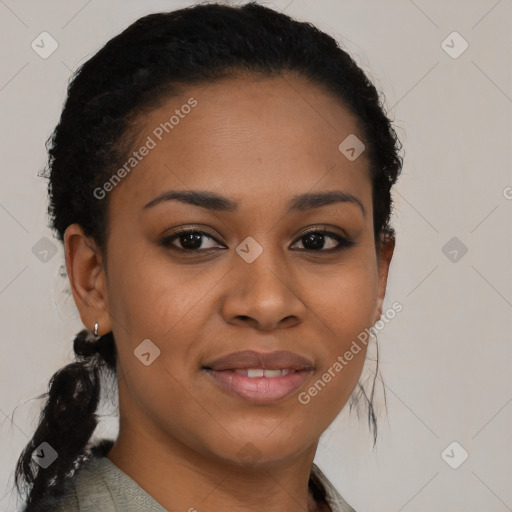 Joyful black young-adult female with medium  brown hair and brown eyes