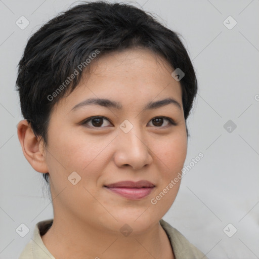 Joyful asian young-adult female with short  brown hair and brown eyes