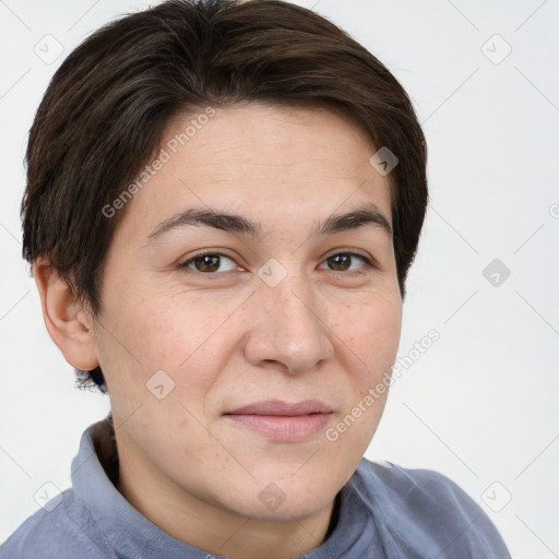 Joyful white young-adult female with short  brown hair and brown eyes