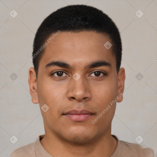 Neutral latino young-adult male with short  brown hair and brown eyes