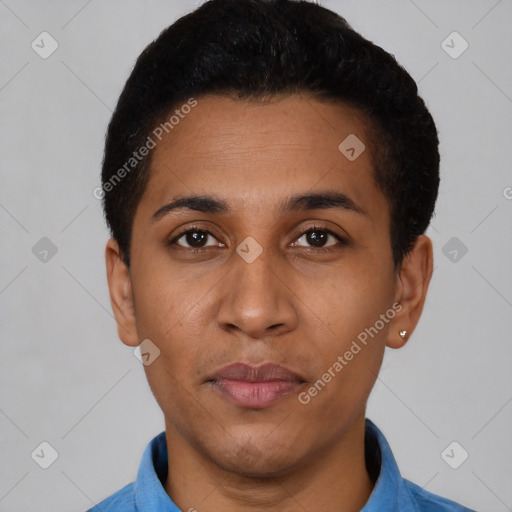 Neutral latino young-adult male with short  black hair and brown eyes