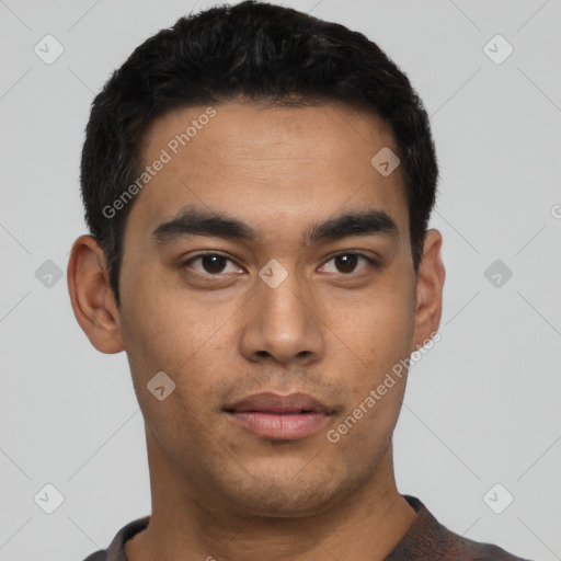 Neutral latino young-adult male with short  black hair and brown eyes