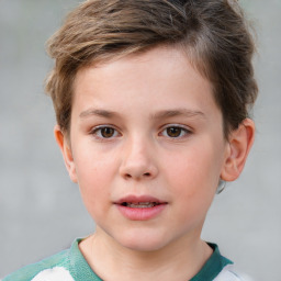 Joyful white child female with short  brown hair and brown eyes