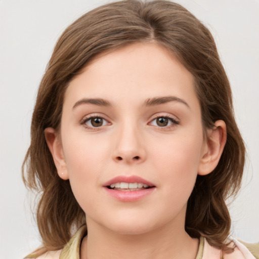 Neutral white young-adult female with medium  brown hair and brown eyes