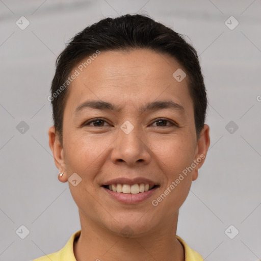 Joyful white young-adult female with short  brown hair and brown eyes