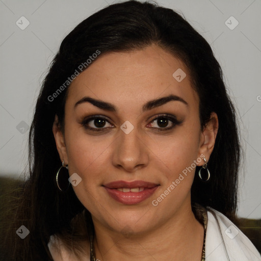 Joyful latino young-adult female with long  brown hair and brown eyes