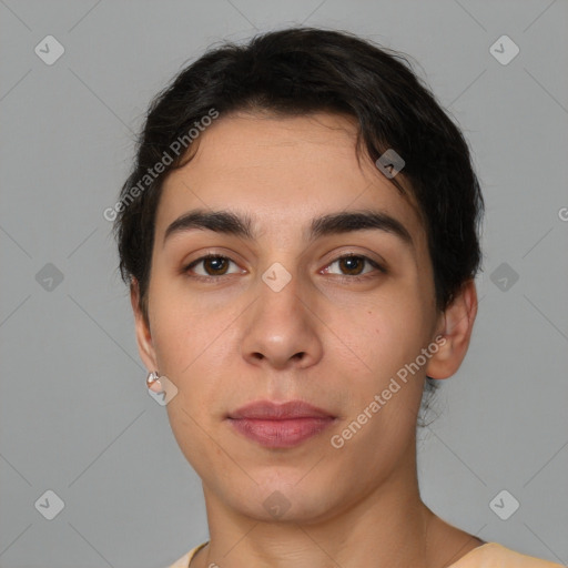 Neutral white young-adult female with short  brown hair and brown eyes