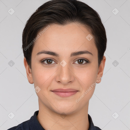 Joyful white young-adult female with short  brown hair and brown eyes