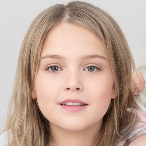 Neutral white child female with medium  brown hair and blue eyes