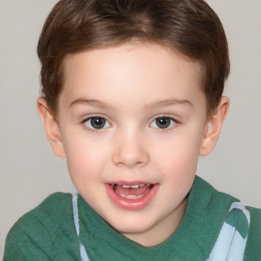 Joyful white child female with short  brown hair and brown eyes