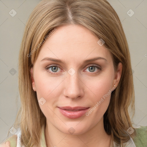 Joyful white young-adult female with medium  brown hair and green eyes