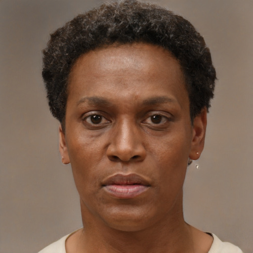 Neutral black adult female with short  brown hair and brown eyes