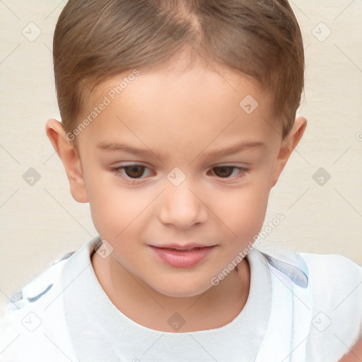 Joyful white child female with short  brown hair and brown eyes