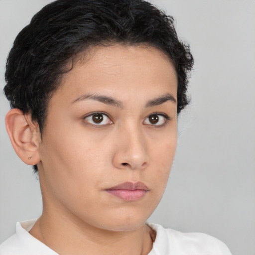 Neutral latino young-adult female with short  brown hair and brown eyes