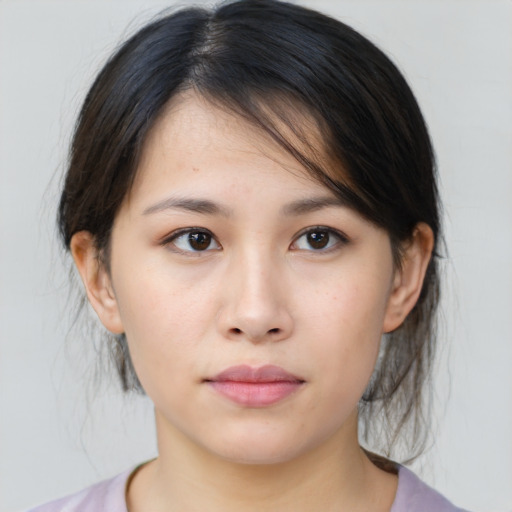 Neutral asian young-adult female with medium  brown hair and brown eyes