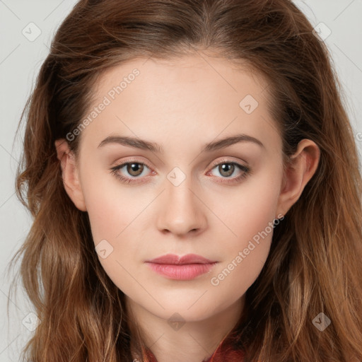 Neutral white young-adult female with long  brown hair and brown eyes