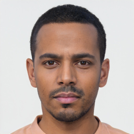 Neutral black young-adult male with short  black hair and brown eyes