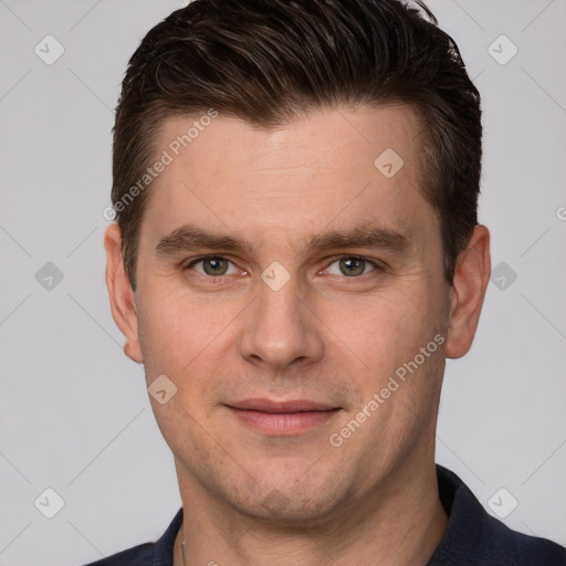 Joyful white young-adult male with short  brown hair and brown eyes