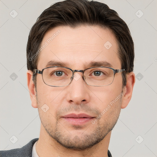 Neutral white adult male with short  brown hair and brown eyes