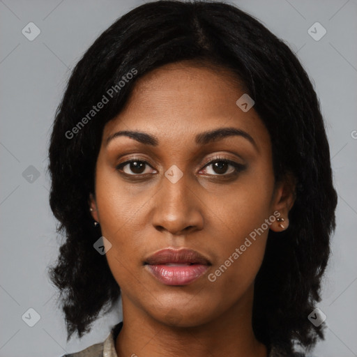 Joyful black young-adult female with medium  black hair and brown eyes