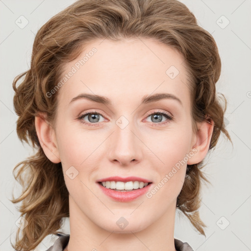 Joyful white young-adult female with medium  brown hair and blue eyes