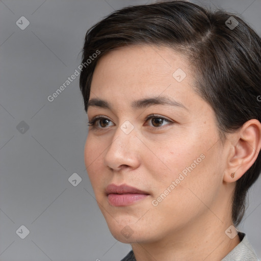 Neutral white young-adult female with short  brown hair and brown eyes