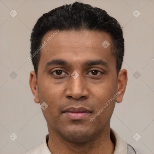 Neutral latino young-adult male with short  black hair and brown eyes