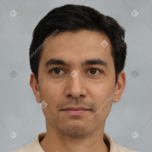 Neutral latino young-adult male with short  black hair and brown eyes