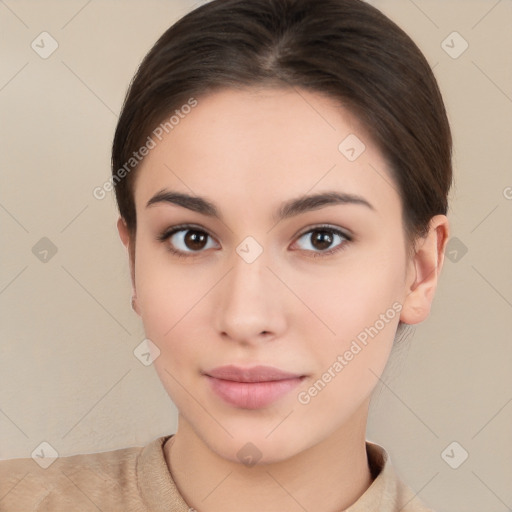 Neutral white young-adult female with short  brown hair and brown eyes