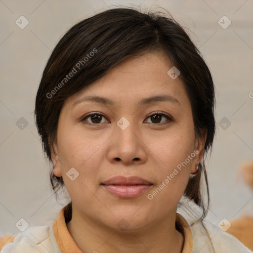 Joyful white young-adult female with medium  brown hair and brown eyes