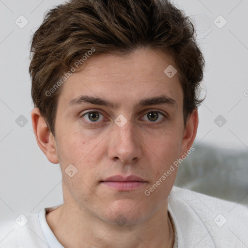 Neutral white young-adult male with short  brown hair and grey eyes