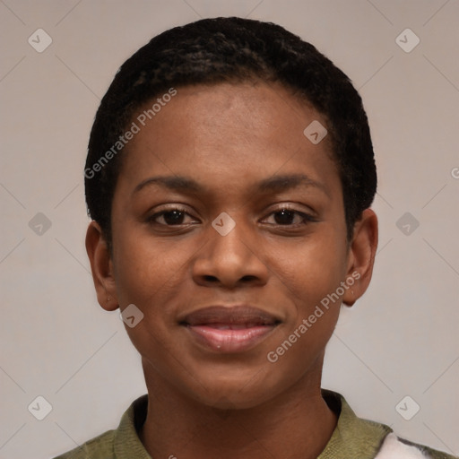 Joyful black young-adult female with short  black hair and brown eyes