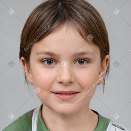 Joyful white child female with medium  brown hair and brown eyes