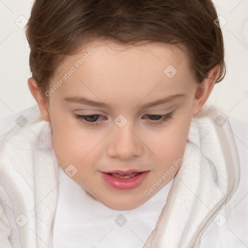 Joyful white child female with short  brown hair and brown eyes