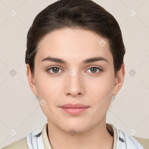 Neutral white young-adult female with medium  brown hair and brown eyes