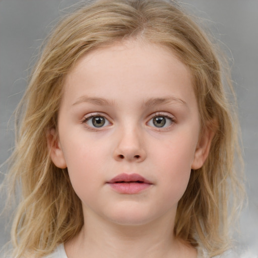 Neutral white child female with medium  brown hair and blue eyes