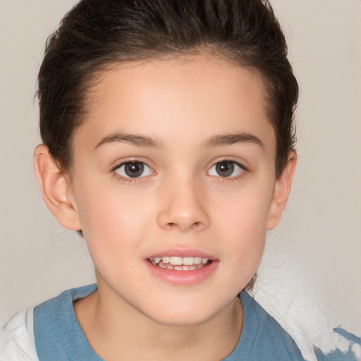 Joyful white child female with medium  brown hair and brown eyes