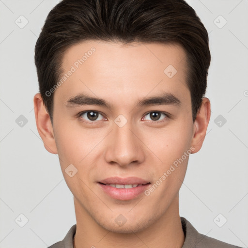 Joyful white young-adult male with short  brown hair and brown eyes