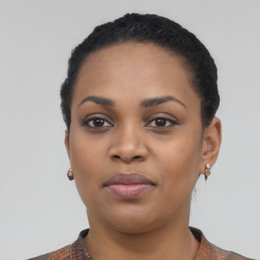 Joyful black young-adult female with short  black hair and brown eyes