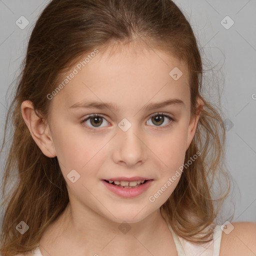 Joyful white child female with medium  brown hair and brown eyes