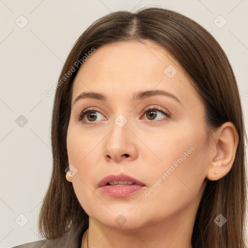 Neutral white young-adult female with long  brown hair and brown eyes