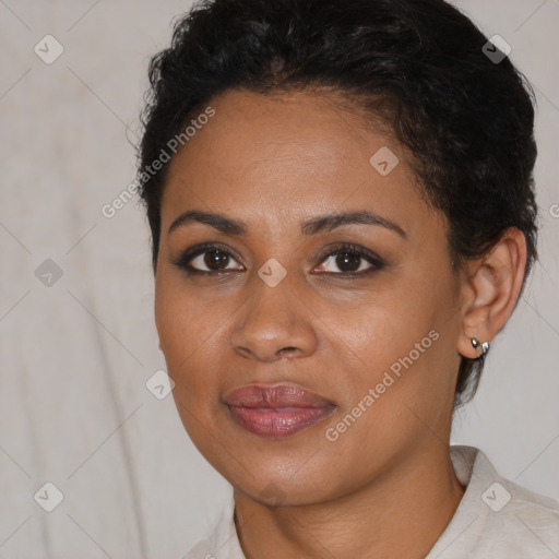 Joyful latino young-adult female with short  brown hair and brown eyes