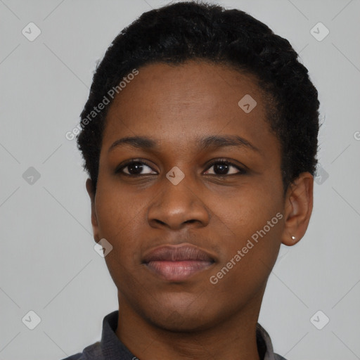 Neutral black young-adult female with short  black hair and brown eyes