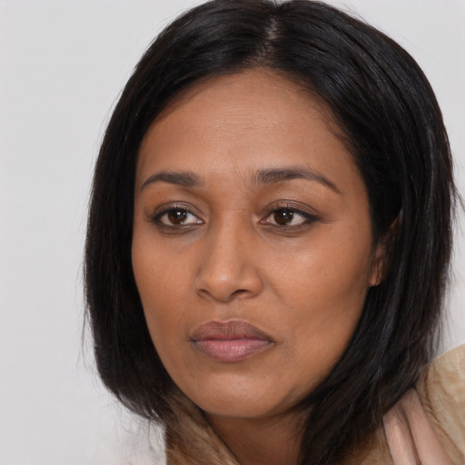 Neutral asian young-adult female with long  brown hair and brown eyes