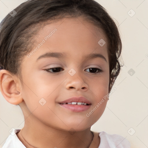 Joyful white child female with short  brown hair and brown eyes