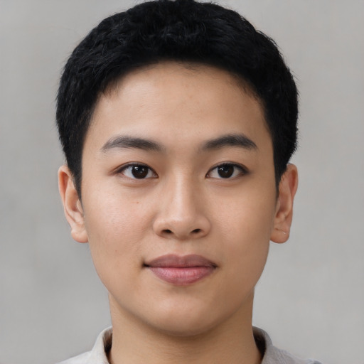 Neutral asian young-adult male with short  black hair and brown eyes