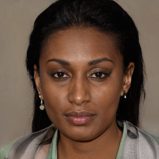 Neutral black young-adult female with short  brown hair and brown eyes