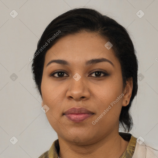 Joyful latino young-adult female with medium  black hair and brown eyes