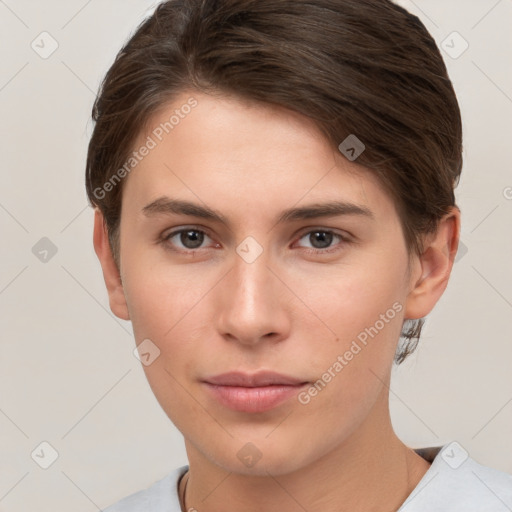 Neutral white young-adult female with short  brown hair and brown eyes